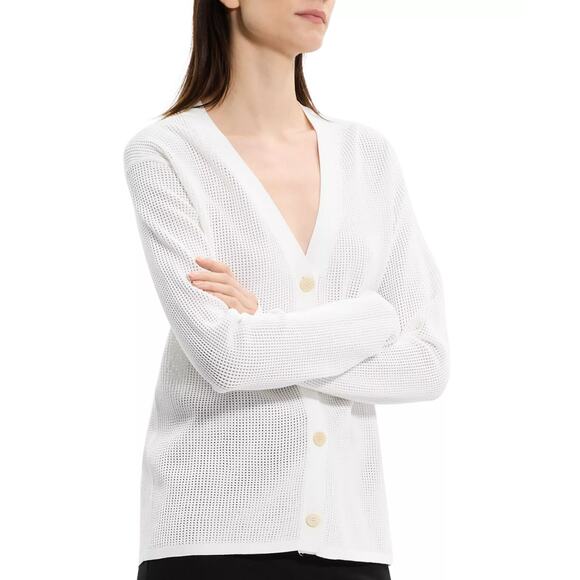 THEORY White  Pointelle-Knit Oversized Cardigan - Picture 4 of 12